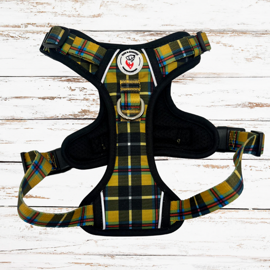 Tough dog harness with yellow & black cornish tartan pattern