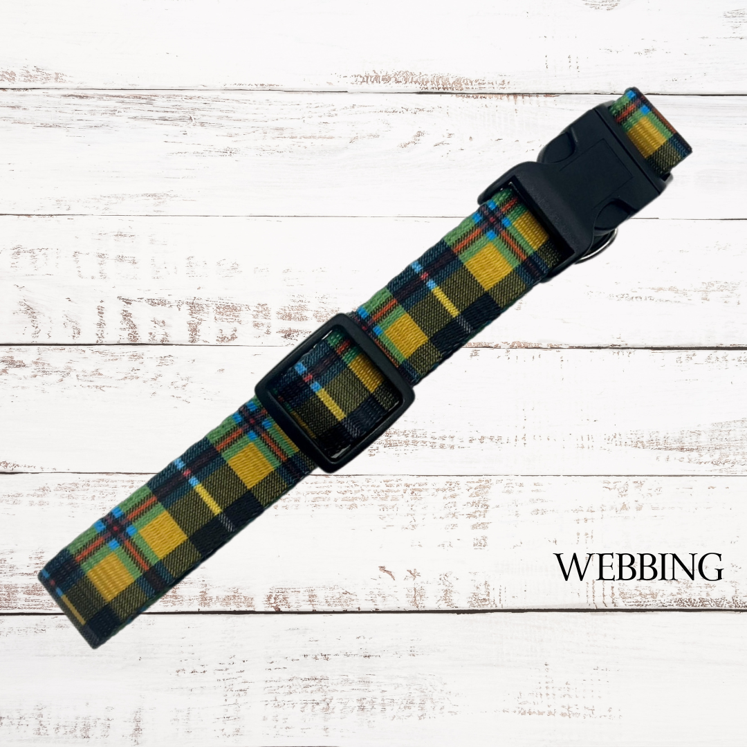 Cornish Tartan Dog Collar in yellow tartan webbing fabric with black buckle