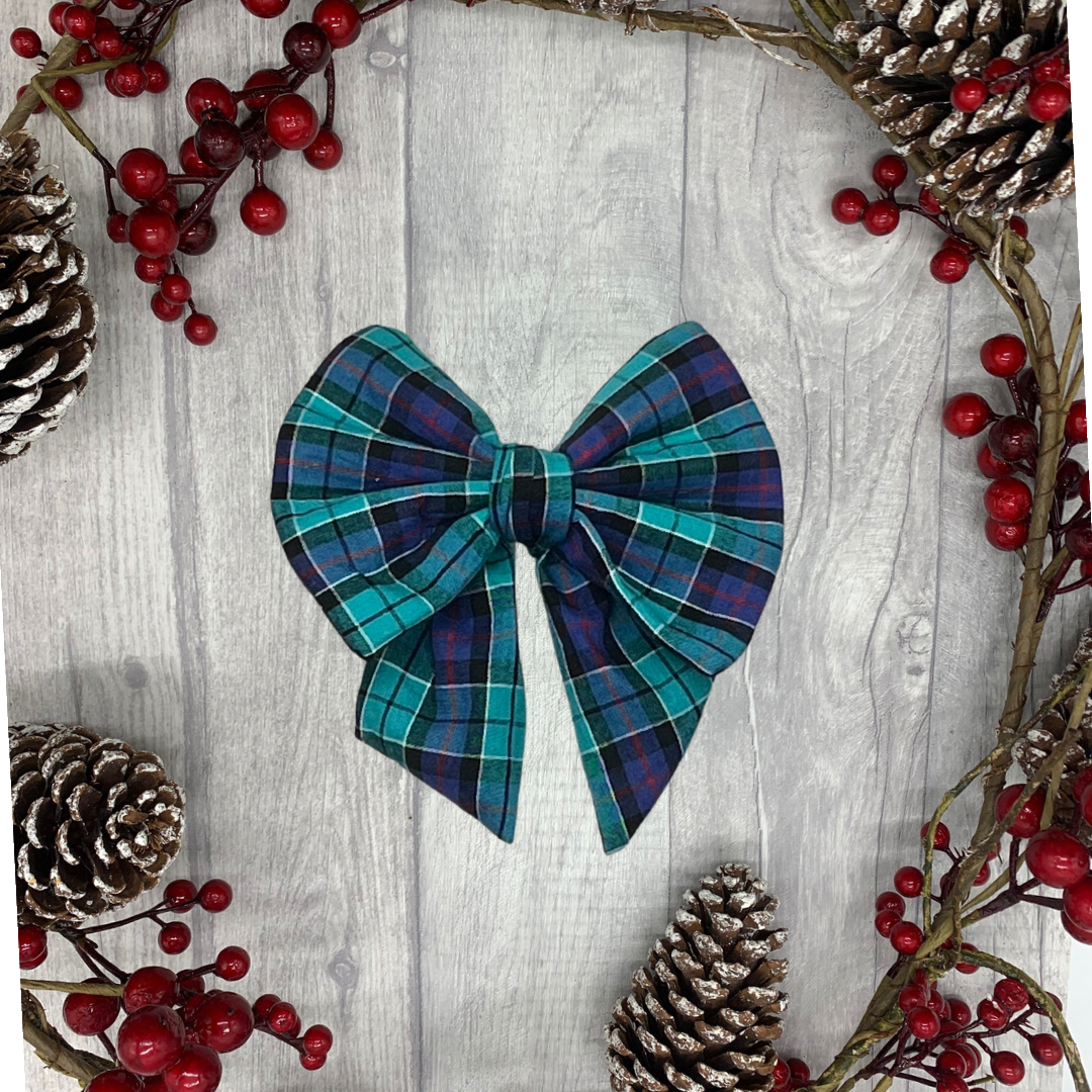 Teal and purple tartan bow tie