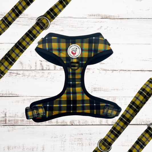 Yellow cornish tartan dog harness with black trim