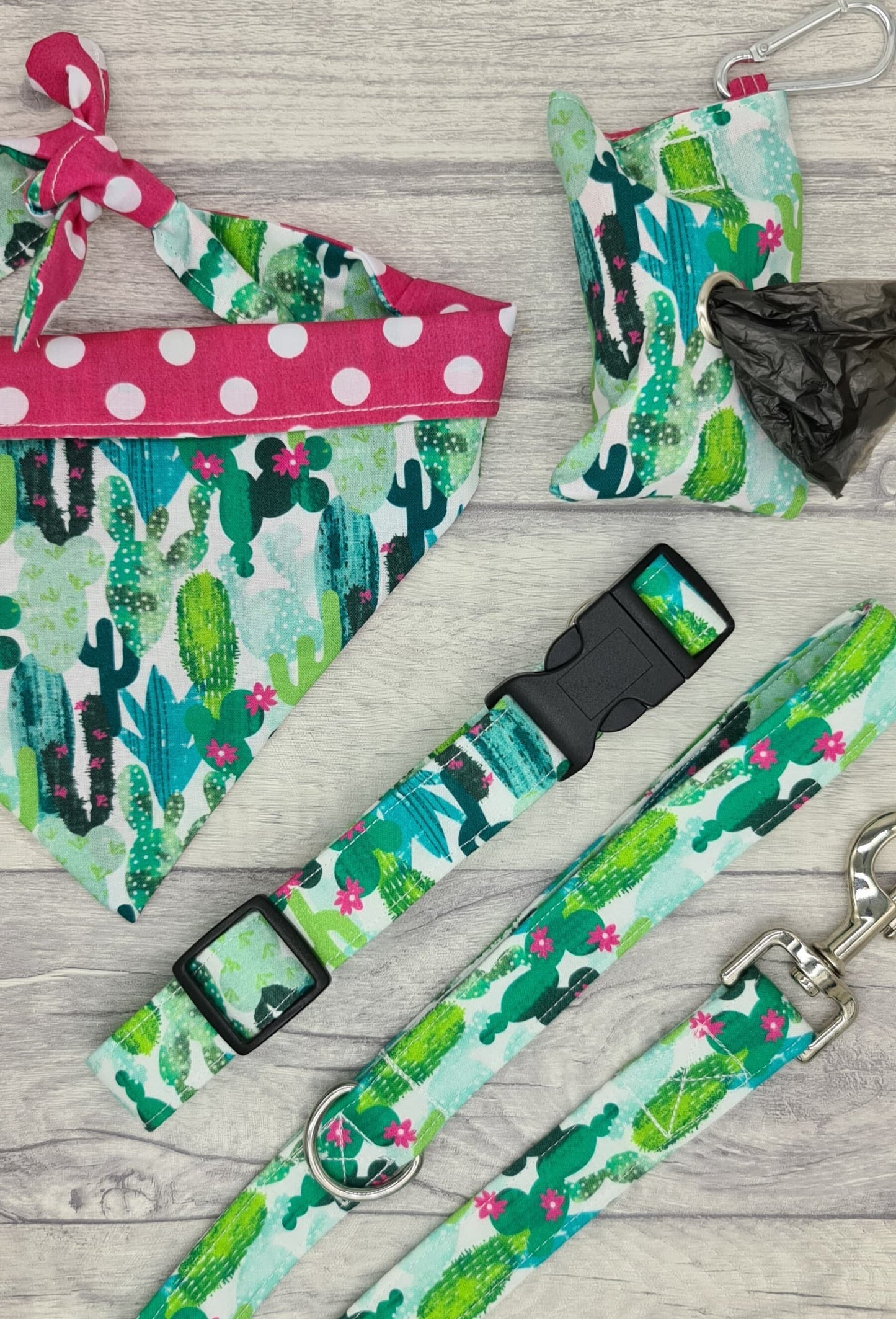 Cactus print dog bandana reversible with pink spots tie up