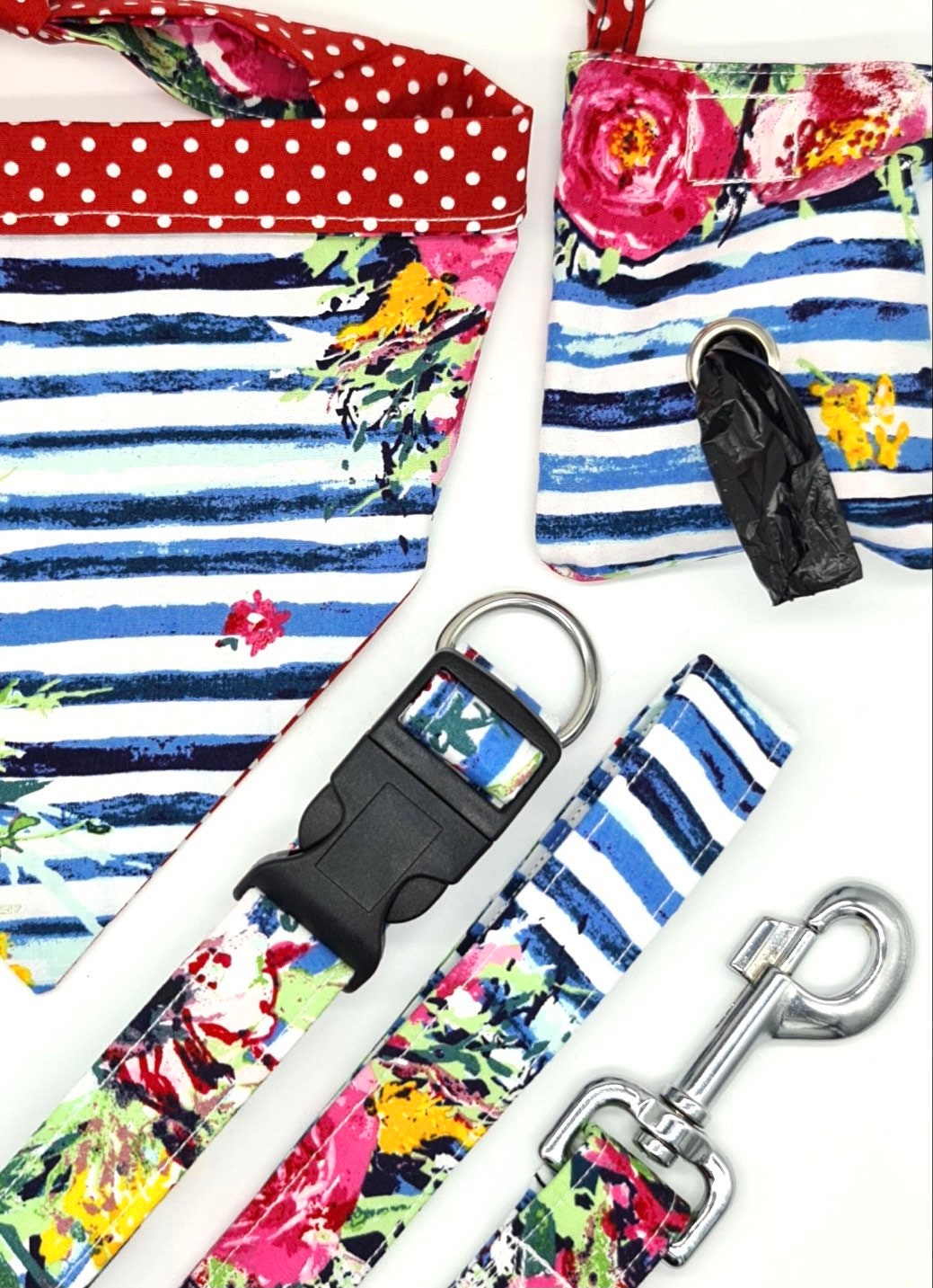 Roses/floral print on blue striped fabric dog bandana reversible