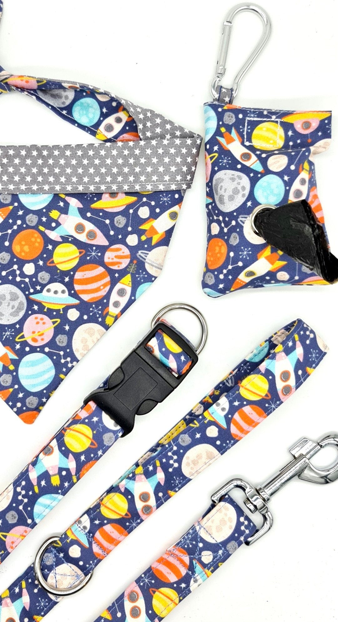 Rockets and planets themed tie up dog bandana reversible