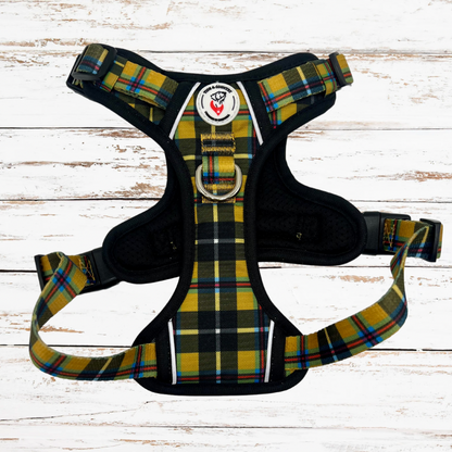 Tough dog harness with yellow & black cornish tartan pattern