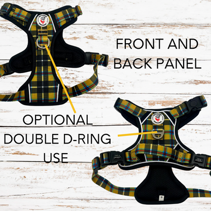 Front and back of tartan tough dog harness, showing optional double D ring