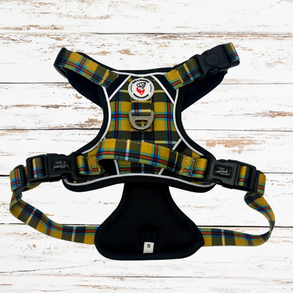 Tough dog harness with grab handle in yellow & black cornish tartan print