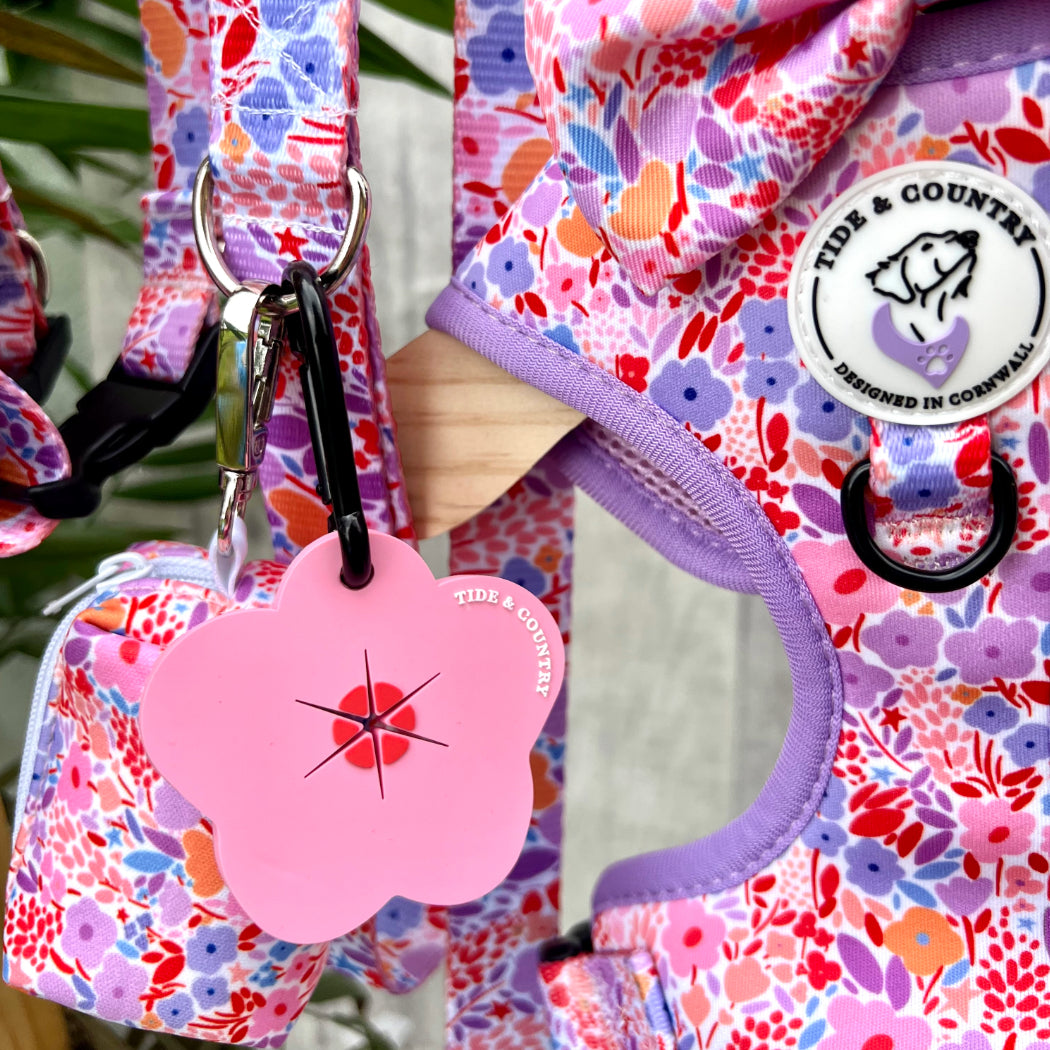 Lola Belle pink & purple dog harness with marching lead and poop bag holder