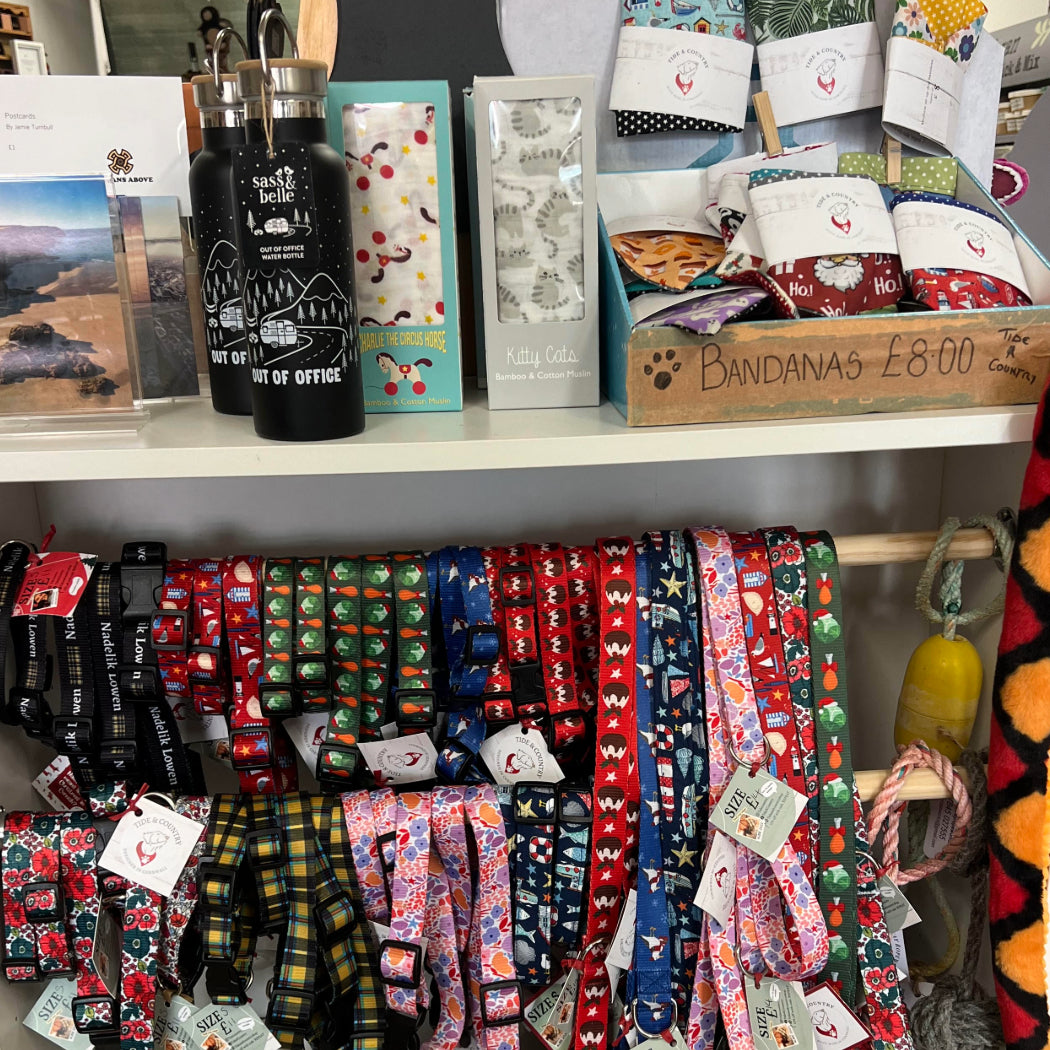 Tide & Country dog accessories on display in a shop