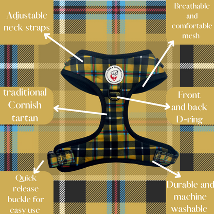 Cornish tartan dog harness with annotated features