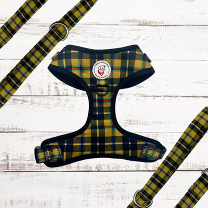 Yellow cornish tartan dog harness with black trim