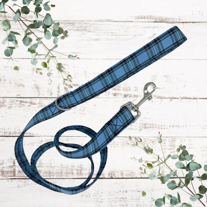 powder blue tartan dog lead handmade in cornwall