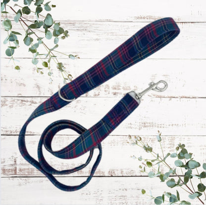 Purple and blue tartan dog lead handmade in cornwall