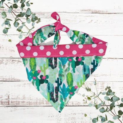 Cactus print dog bandana reversible with pink spots tie up