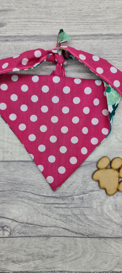 Cactus print dog bandana reversible with pink spots tie up