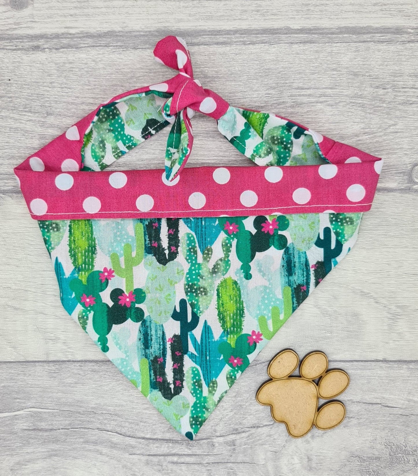 Cactus print dog bandana reversible with pink spots tie up