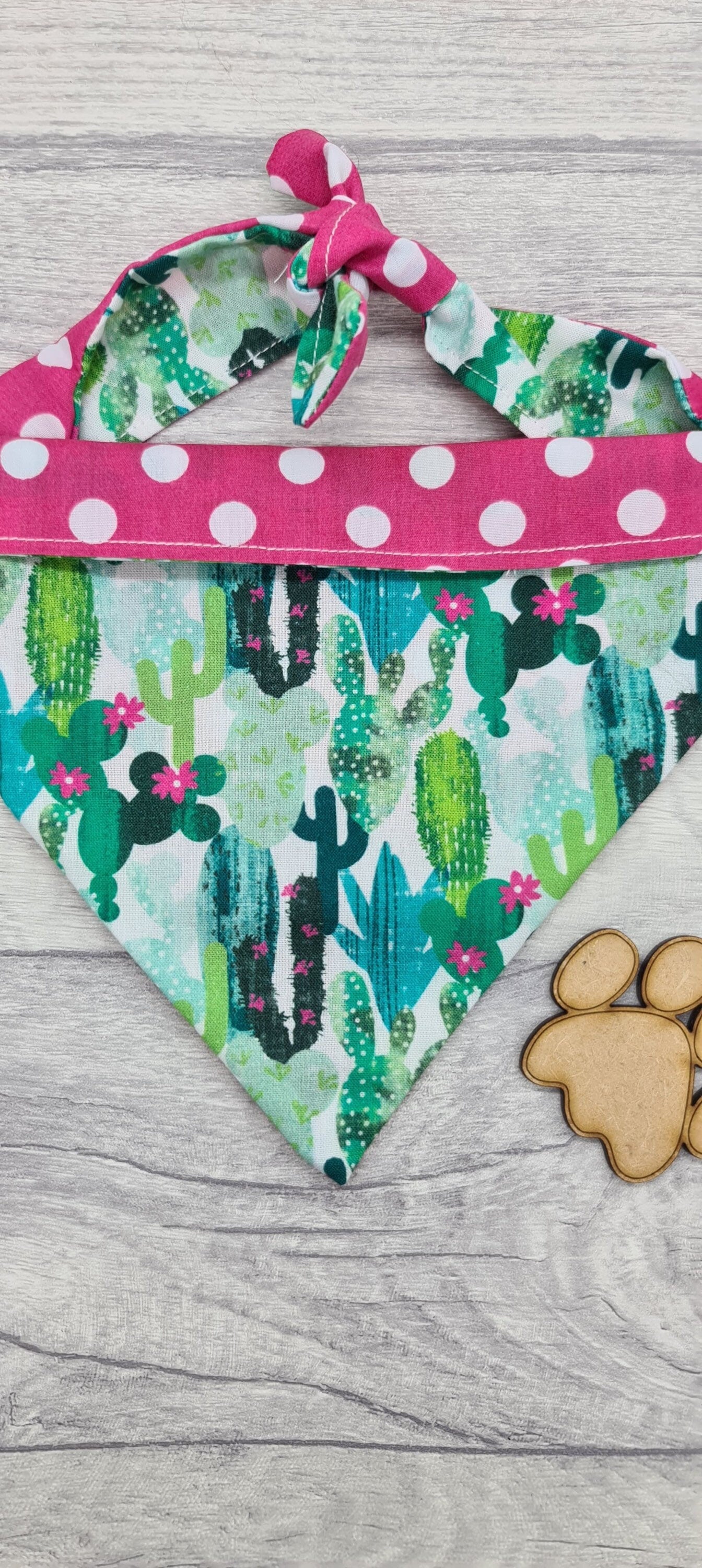 Cactus print dog bandana reversible with pink spots tie up
