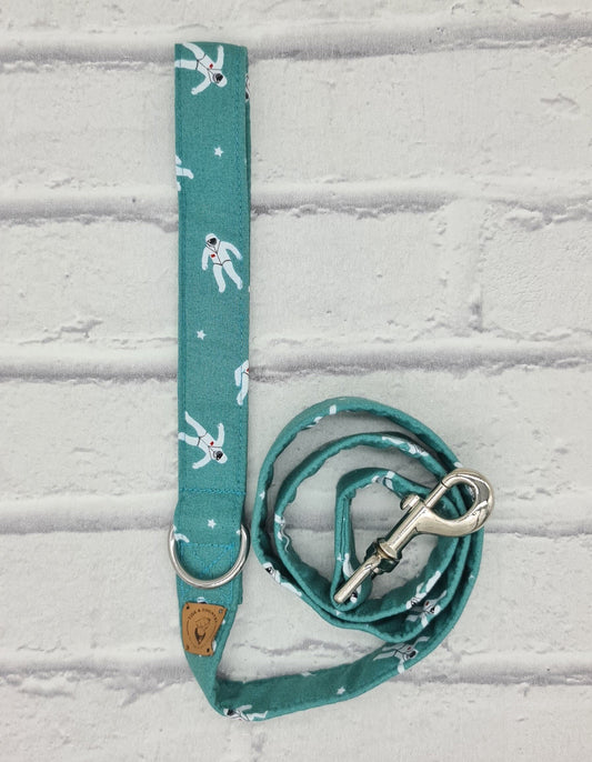 Teal astronaut print dog lead handmade with d ring