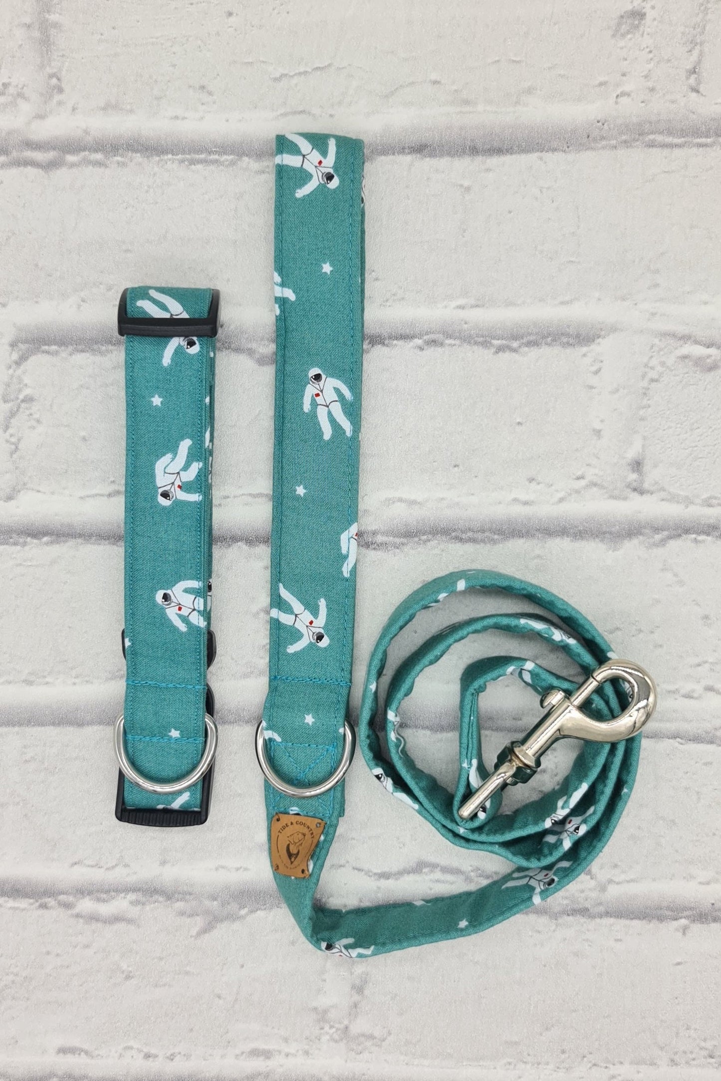Teal astronaut print dog lead handmade with d ring