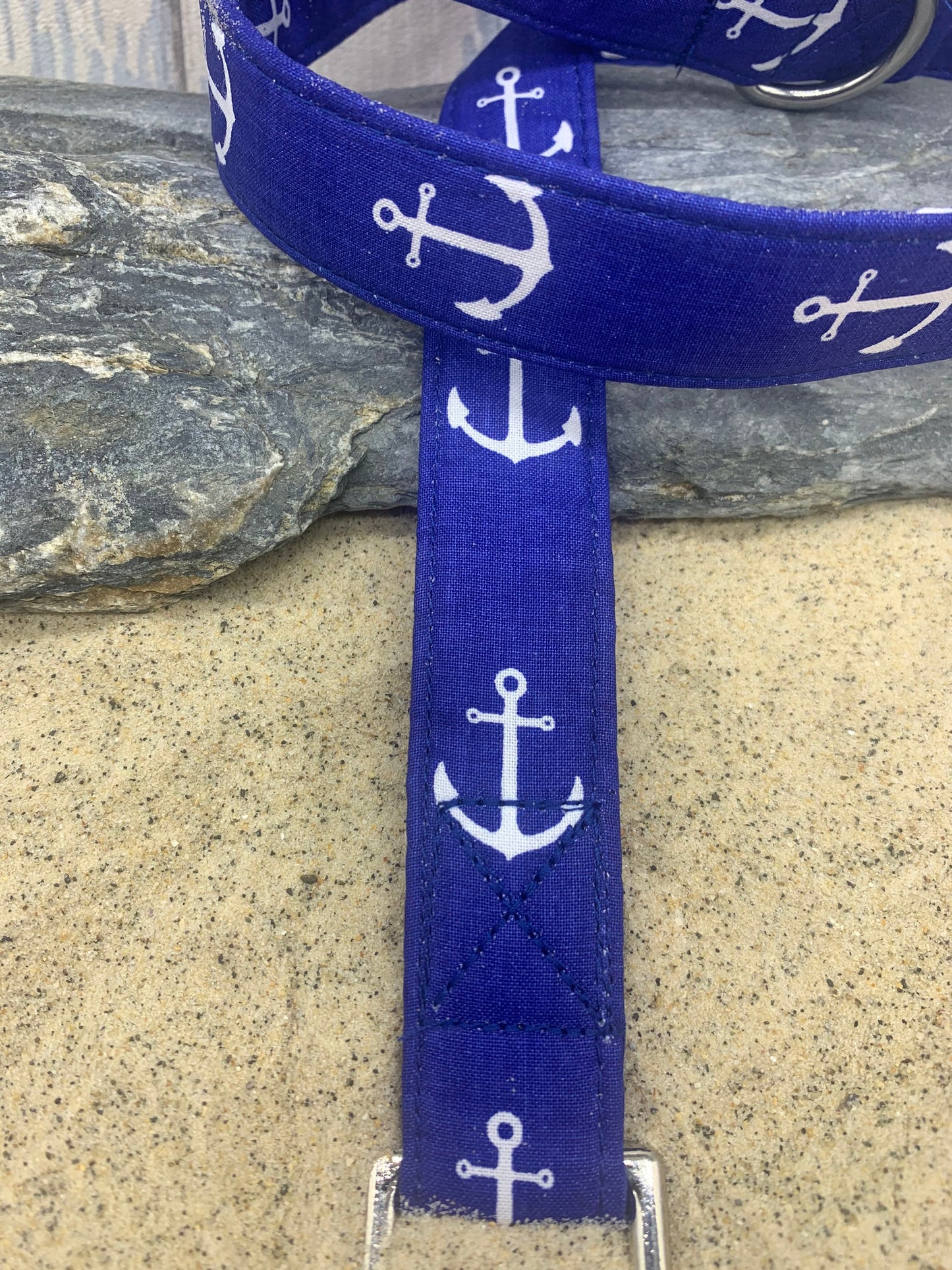 Royal blue anchor handmade dog lead with d ring