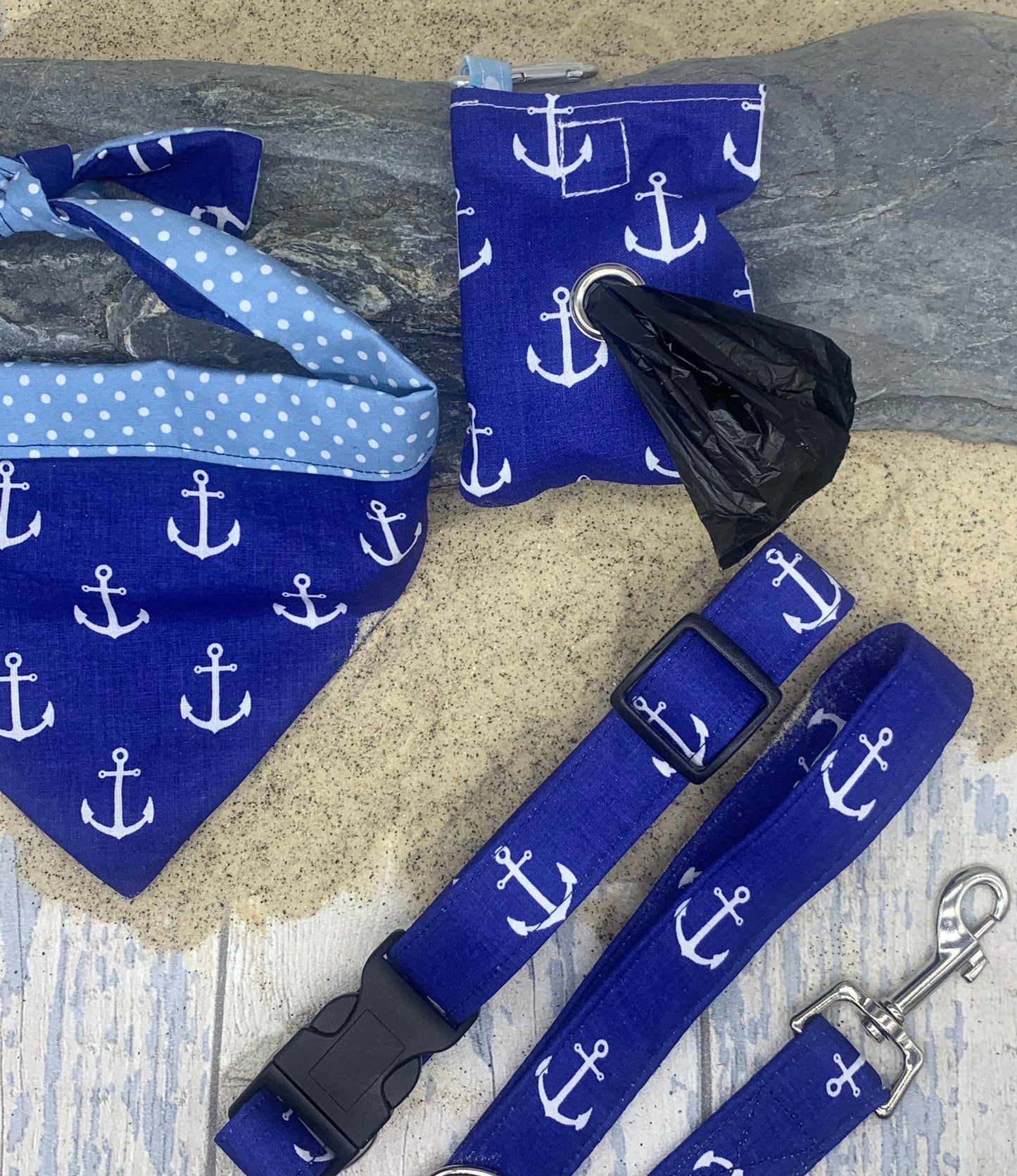 Blue anchor handmade dog collar