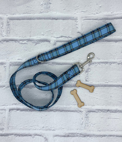 powder blue tartan dog lead handmade in cornwall