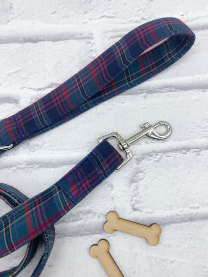 Purple and blue tartan dog lead handmade in cornwall