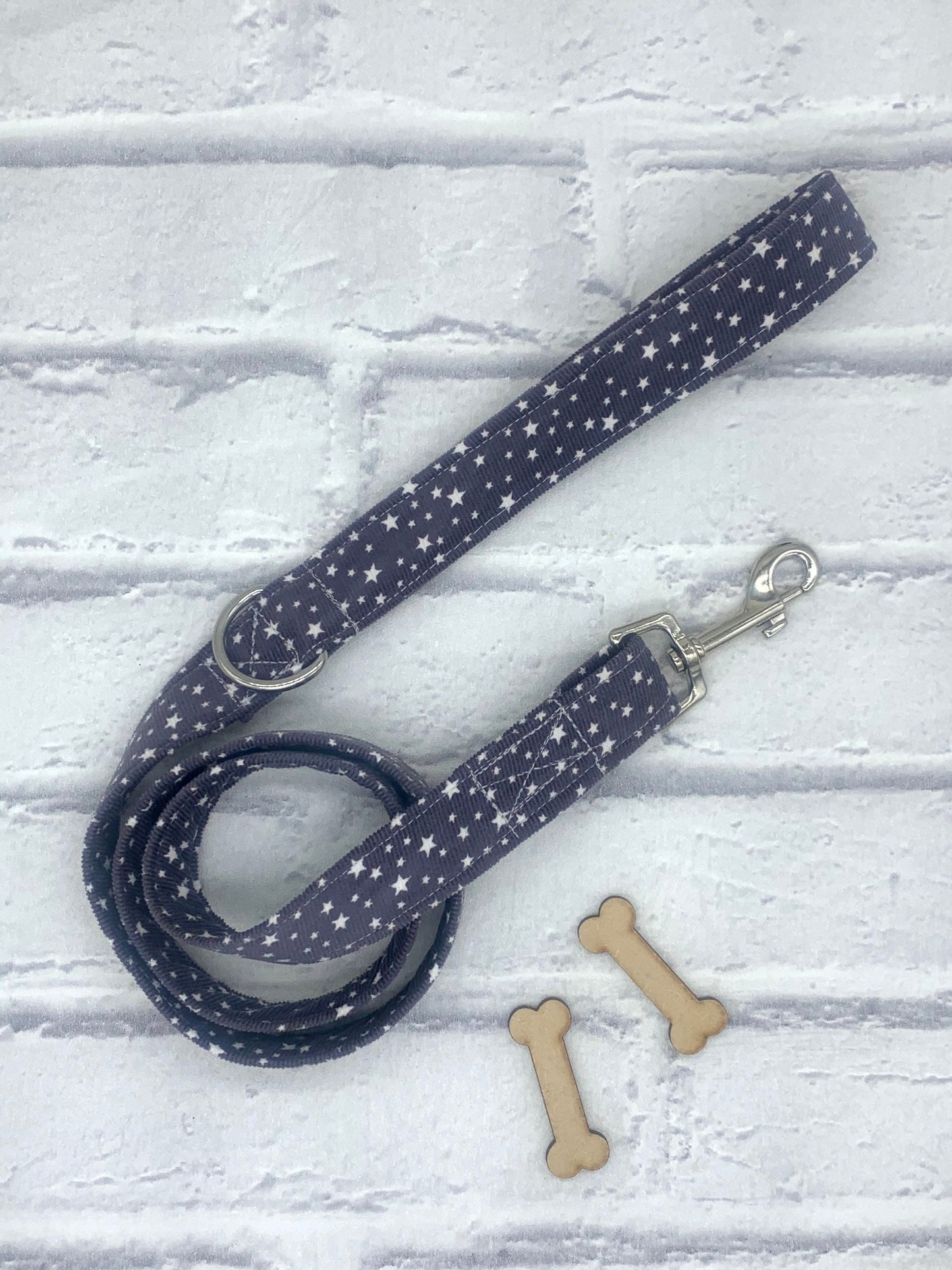 stars/space dog lead in grey handmade in cornwall