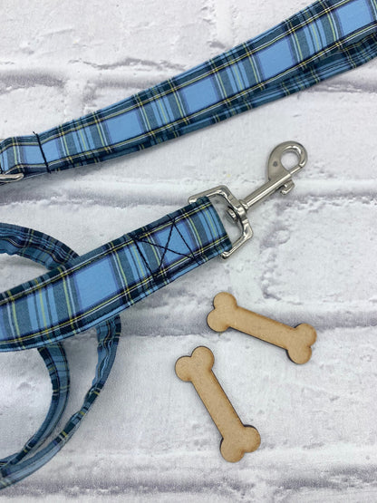 powder blue tartan dog lead handmade in cornwall
