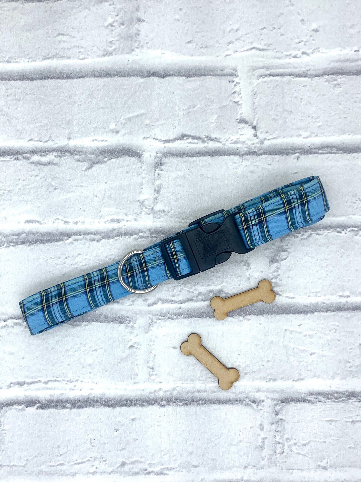 Blue tartan handmade dog collar
