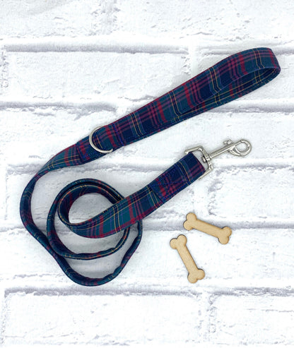 Purple and blue tartan dog lead handmade in cornwall