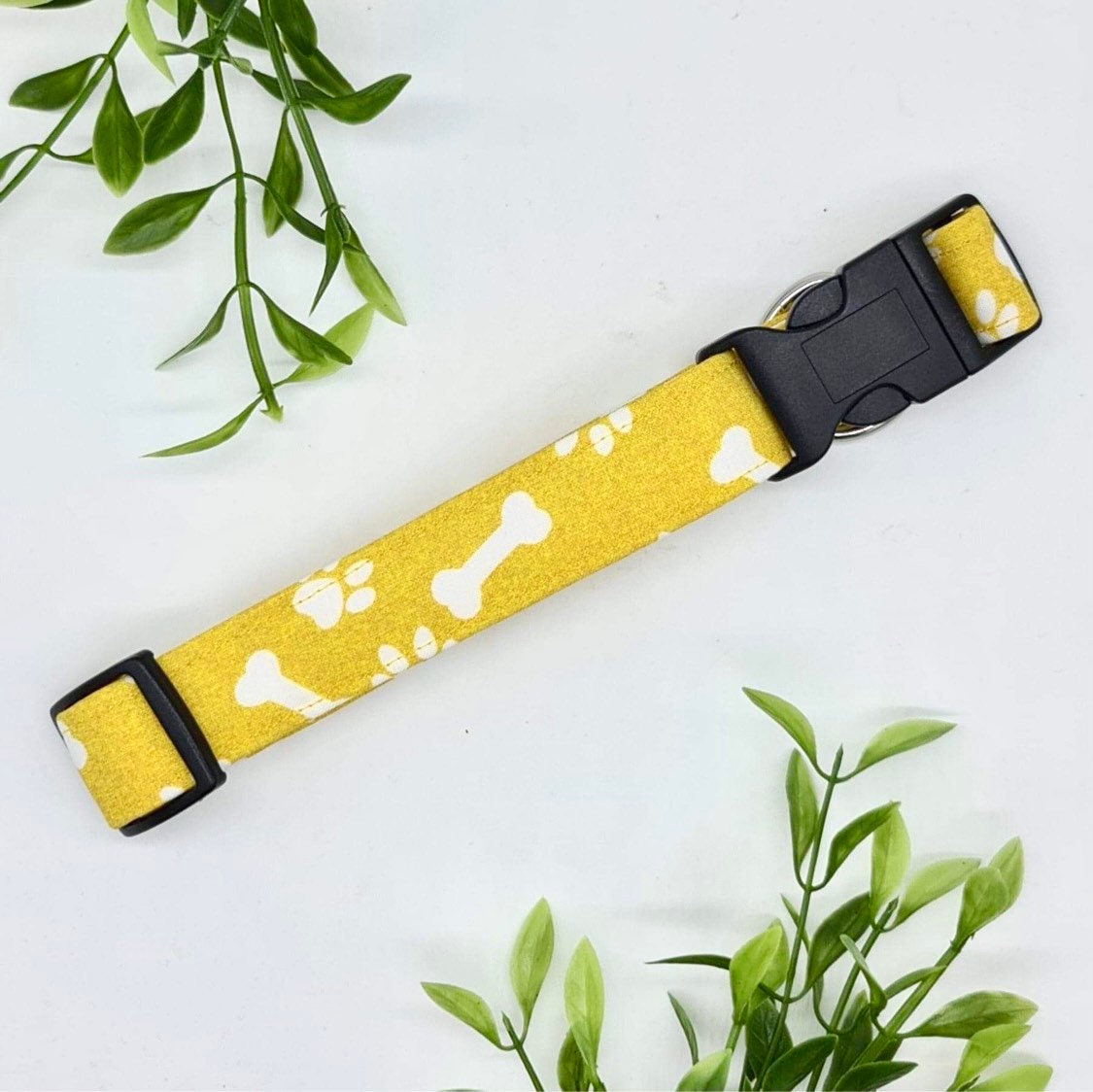 Mustard paw print and bones handmade dog collar adjustable