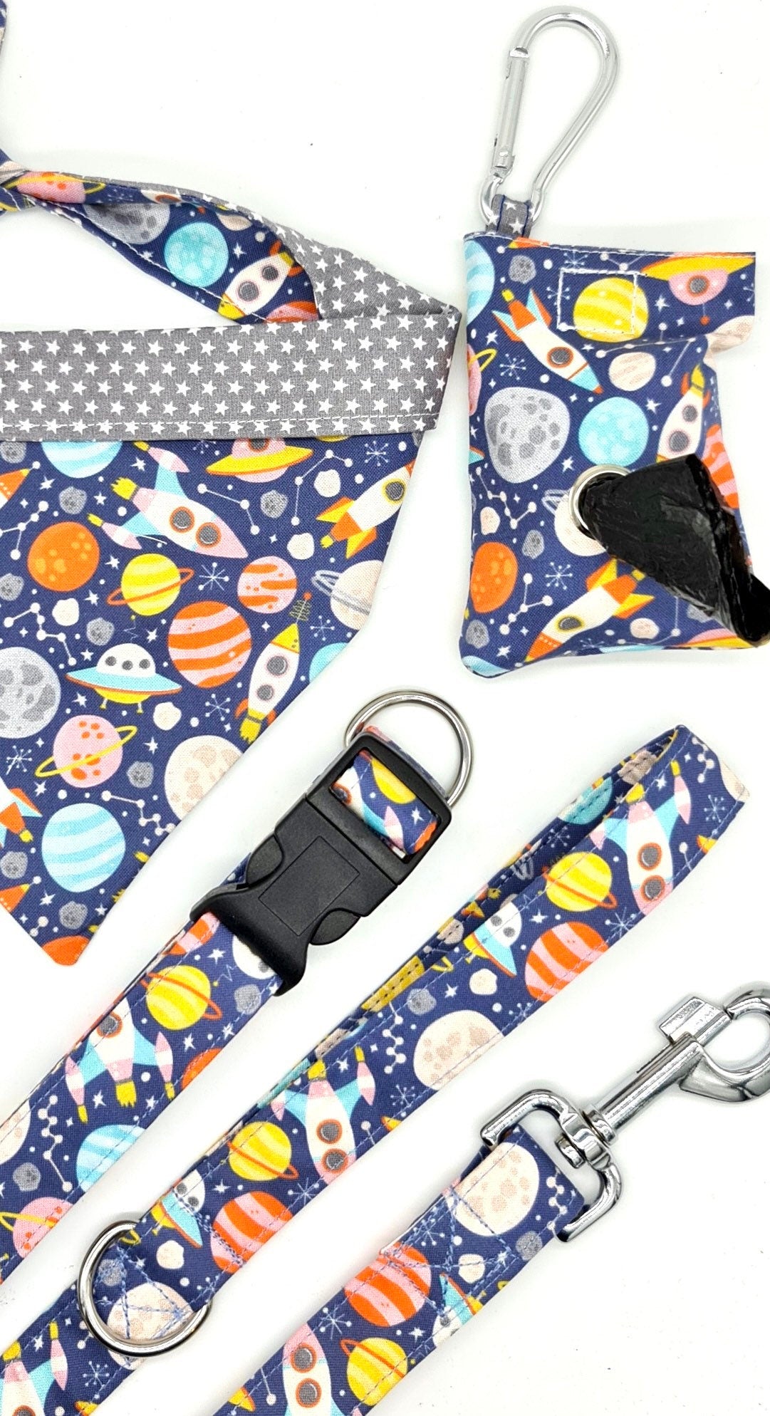 Rockets and planet print handmade dog lead with d ring