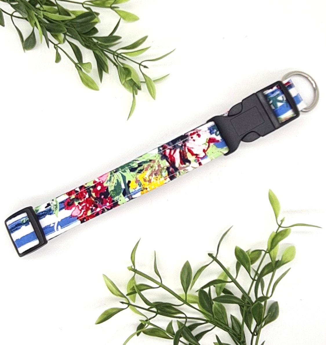 Roses on blue striped floral fabric adjustable dog collar