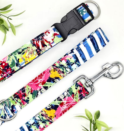 Roses on blue striped floral fabric adjustable dog collar