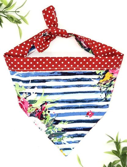 Roses/floral print on blue striped fabric dog bandana reversible