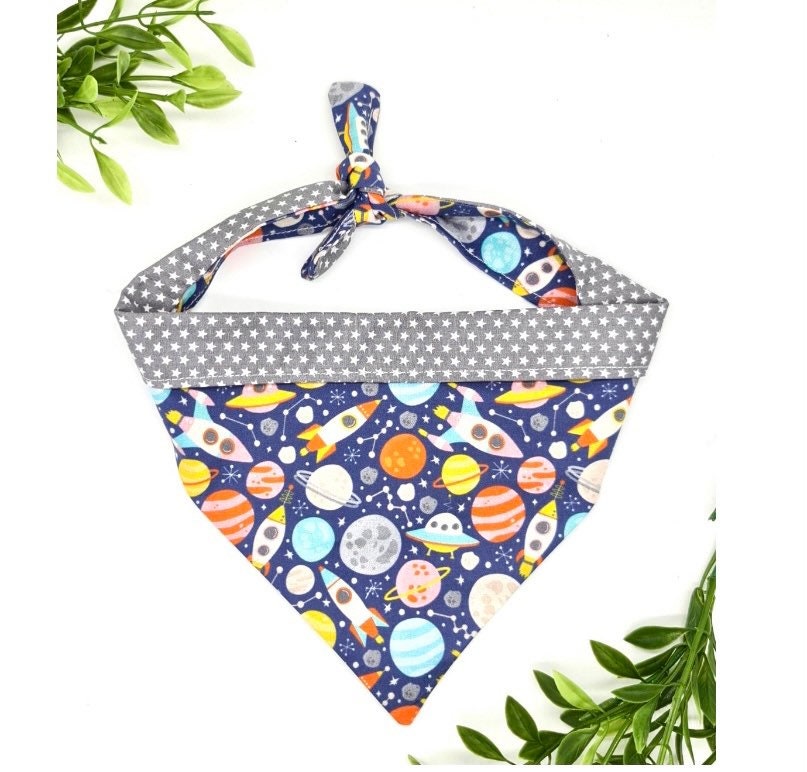 Rockets and planets themed tie up dog bandana reversible