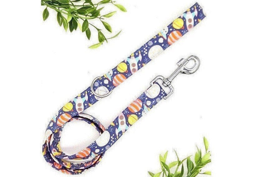 Rockets and planet print handmade dog lead with d ring