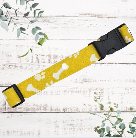 Mustard paw print and bones handmade dog collar adjustable