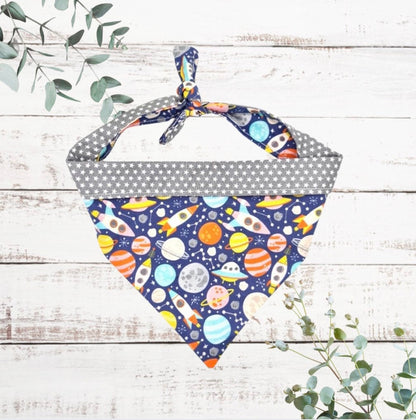 Rockets and planets themed tie up dog bandana reversible