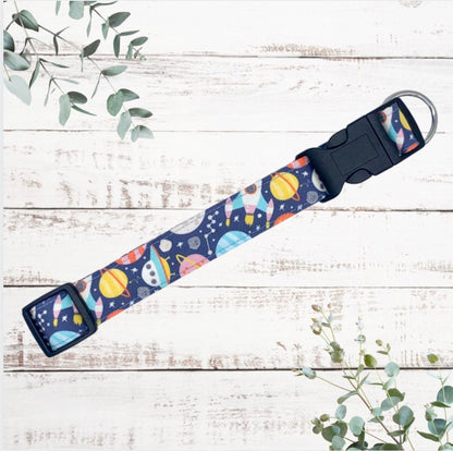 Rockets and planet print handmade adjustable dog collar