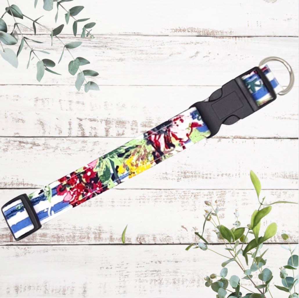 Roses on blue striped floral fabric adjustable dog collar