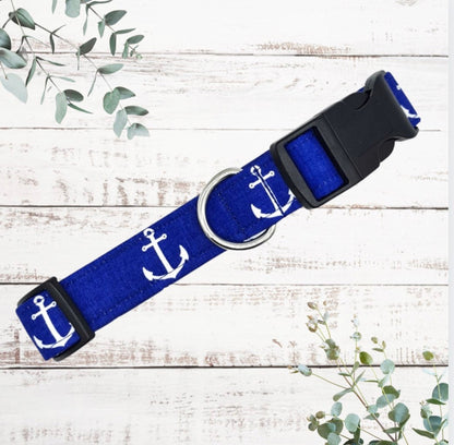 Blue anchor handmade dog collar