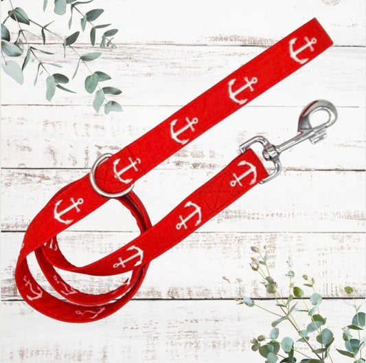 Red anchor handmade dog lead with d ring