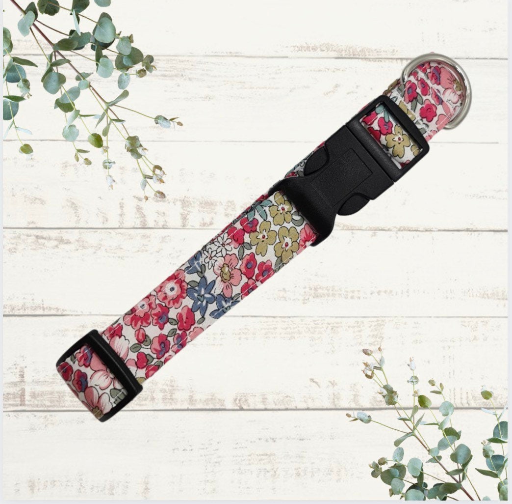 Handmade pink and turquoise floral print adjustable dog collar
