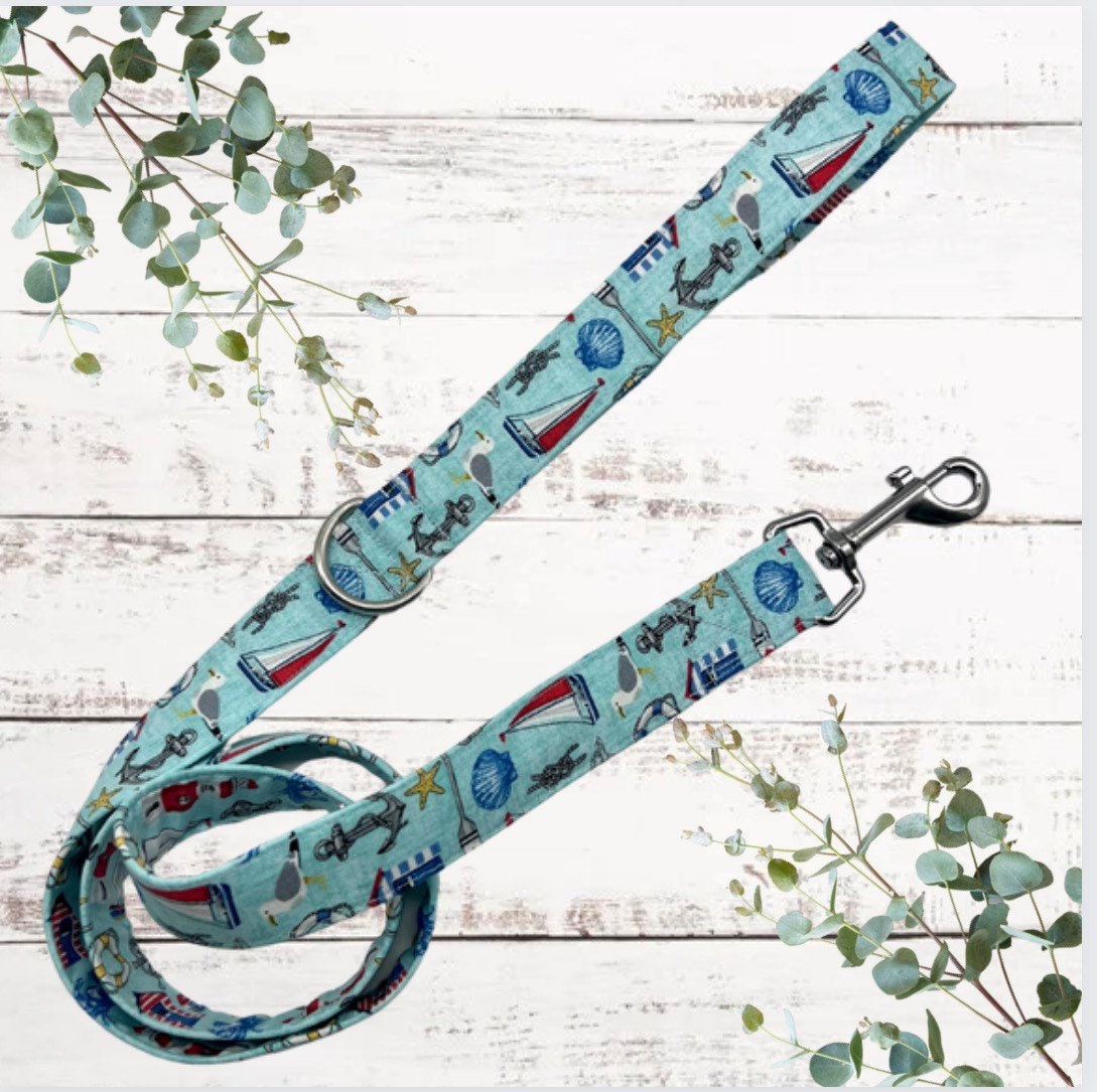 Pale blue nautical icons dog lead with d ring