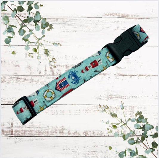 Pale blue nautical icons adjustable dog collar