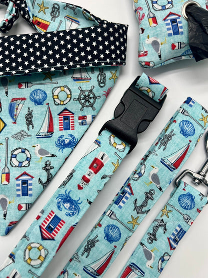Pale blue nautical icons adjustable dog collar