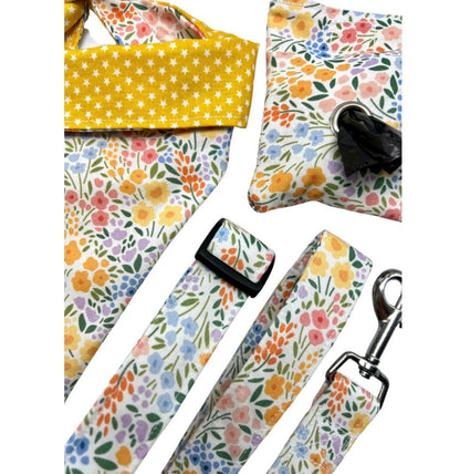 Pastel floral print dog collar, lead bandana