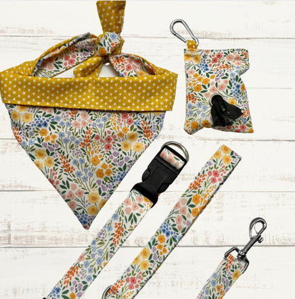 Pastel floral print dog collar, lead bandana