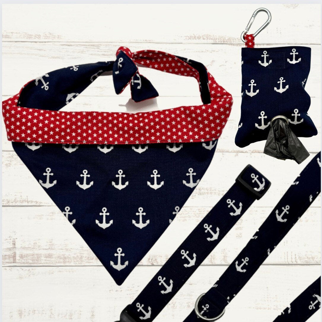Navy anchor print dog collar, lead bandana